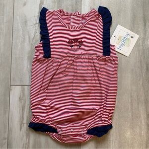 NWT Itsy Bitsy Red Striped Patriotic Firework Embroidered Bubble Romper, 9M